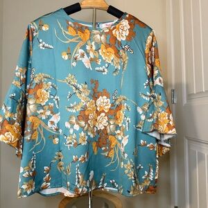 Teal Floral Blouse | Boho Bell Sleeve Top | Size XL